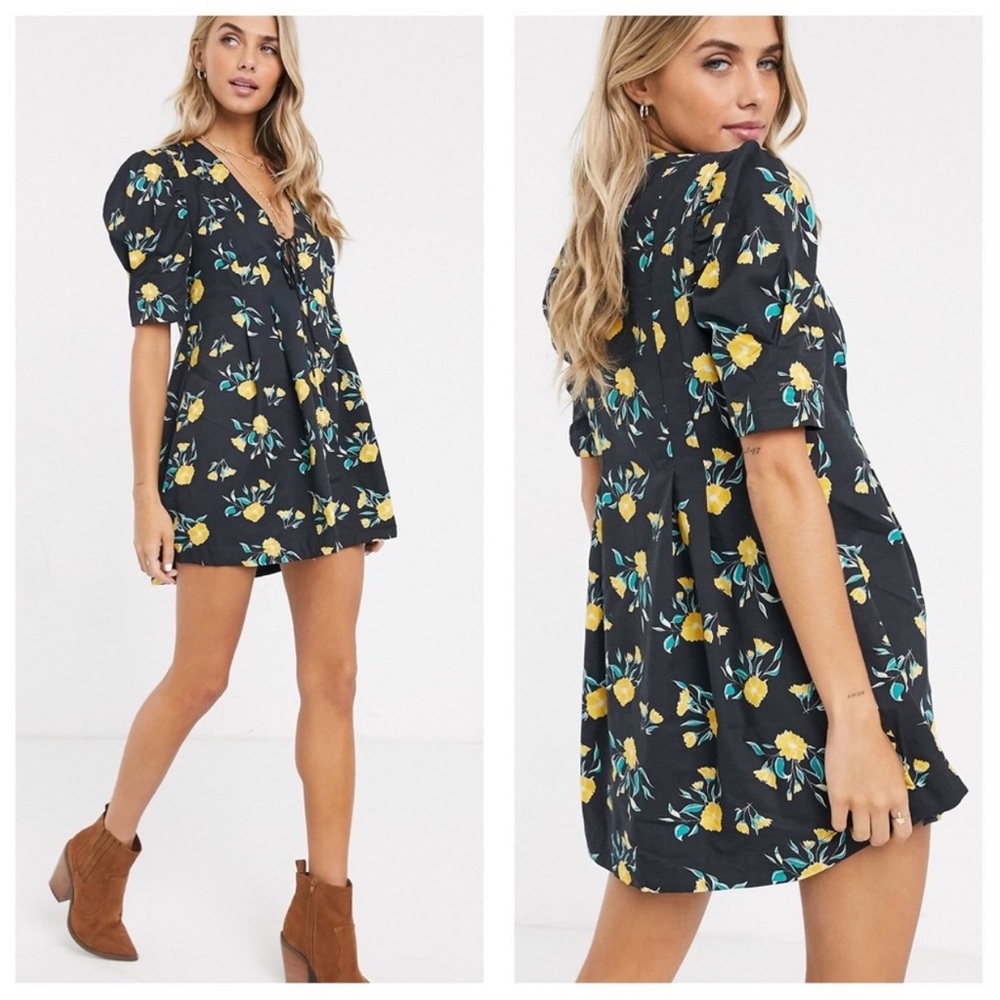 Free People Adelle Floral Tunic Mini Dress Cotton Blend Black Green Yellow - S